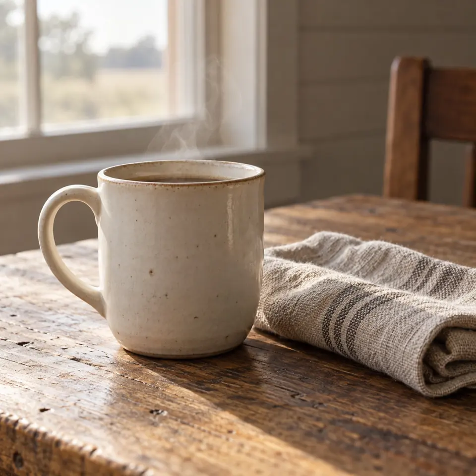 A ceramic mug and a folded towel on a wooden table by a sunny window